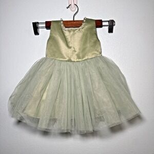 Flower Girl Dress  Backless Tulle Princess Party Baby Green Pearl Bow 9-12 Month